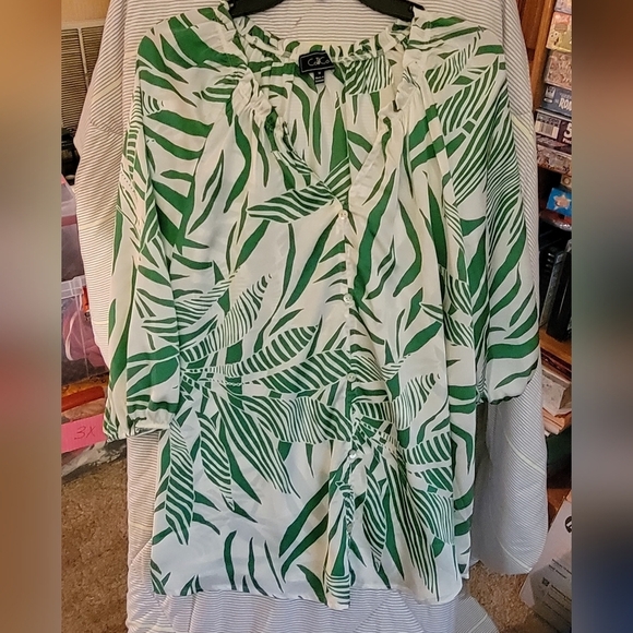 Cotil Co Green White Tropical Leaf Blouse 1X 3/4 Sleeve - Picture 1 of 4